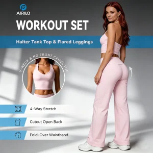 V-Neck Yoga Set, Backless Crop Top, Foldable Waist Flare Pants, Tummy Control
